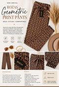 Rozas Geometric Print Pants in brown and black Greek key pattern with high rise tie belt