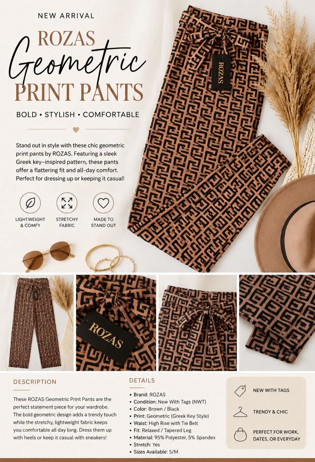 Rozas Geometric Print Pants in brown and black Greek key pattern with high rise tie belt