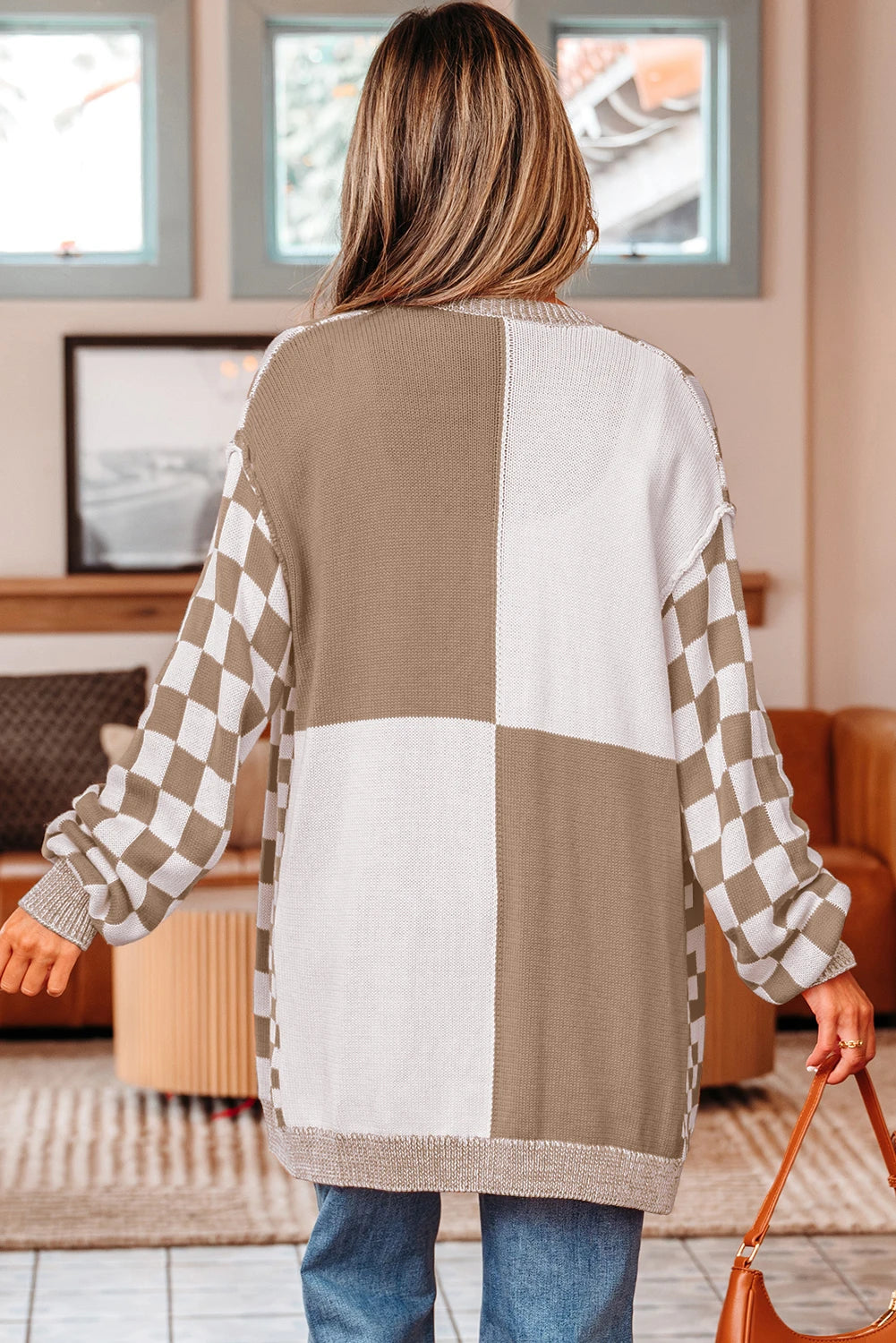 Checkered Colorblock Cardigan Taupe - front view