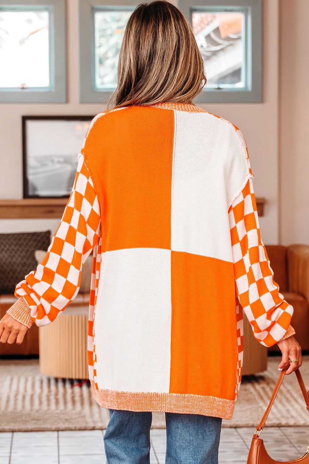 Checkered Colorblock Cardigan Orange - back view 2