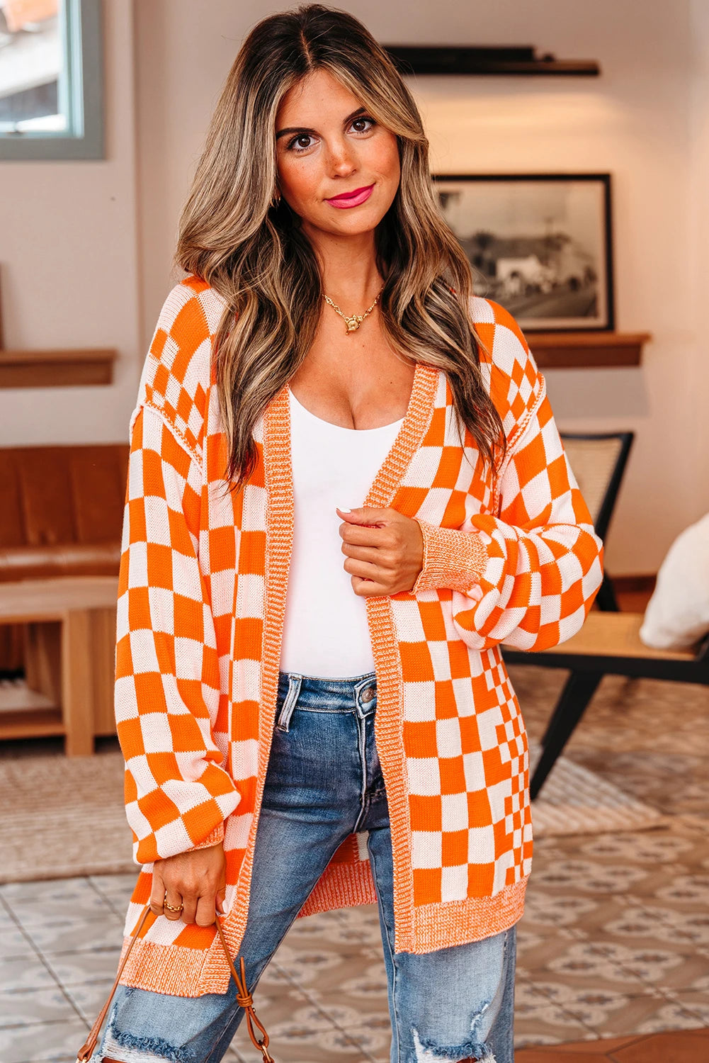 Checkered Colorblock Cardigan Orange - back view