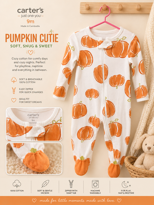 Carter's Pumpkin Cutie Footed Sleeper in white with orange pumpkin print size 9M