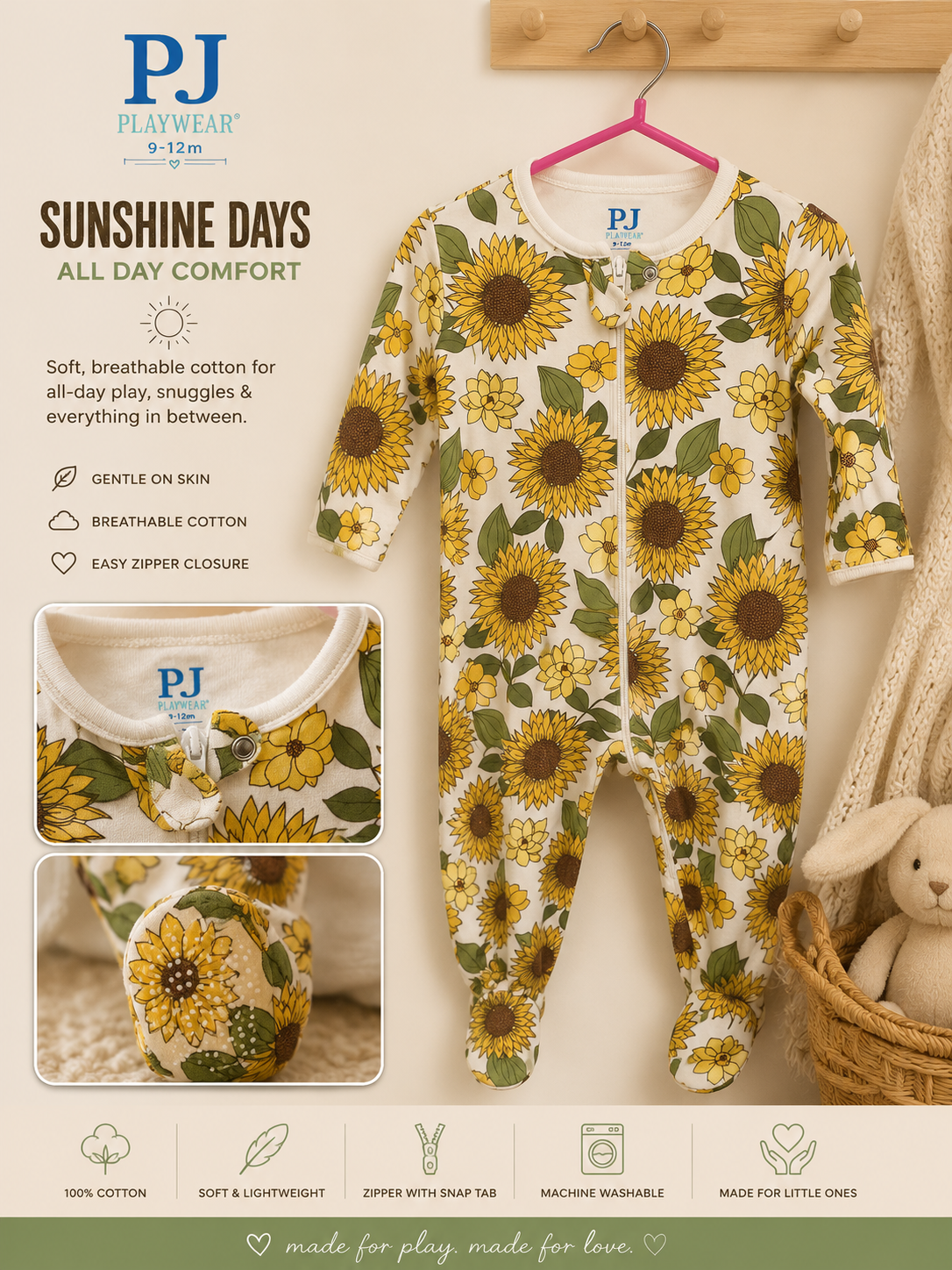 PJ Playwear Sunshine Days Sunflower Footed Sleeper in white with yellow sunflower print size 9-12M