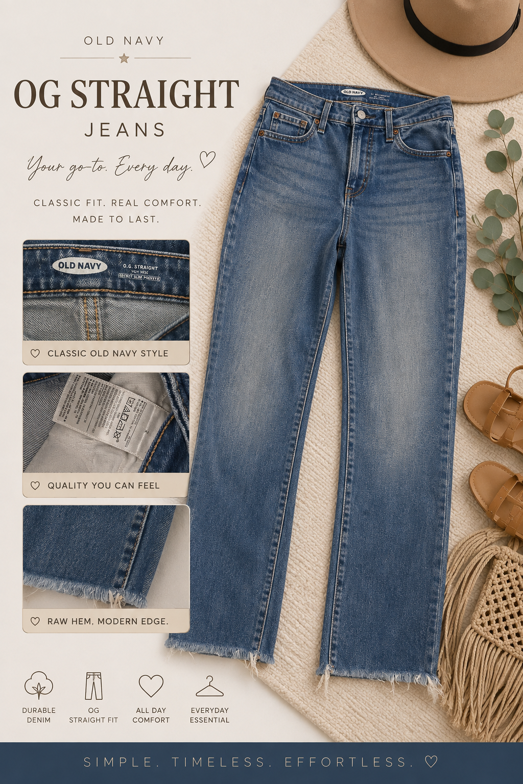 Old Navy OG Straight Jeans in medium wash with raw hem and classic straight fit