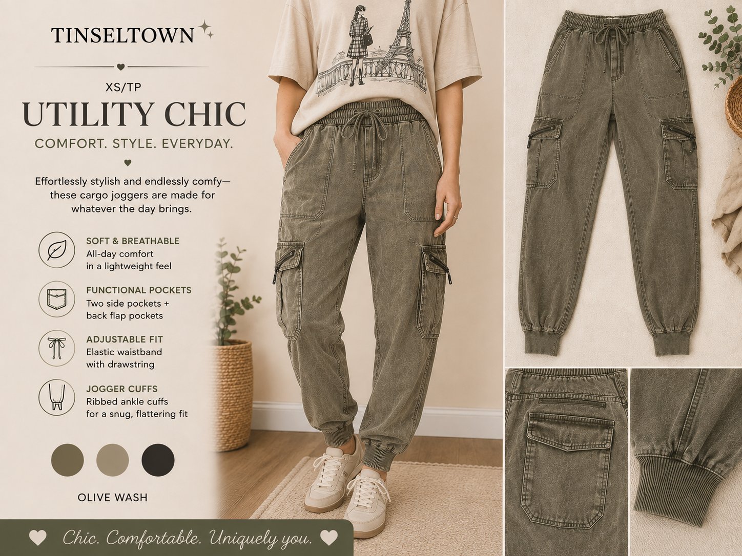 Tinseltown Utility Chic Cargo Joggers in olive wash size XS with functional pockets and ribbed ankle cuffs