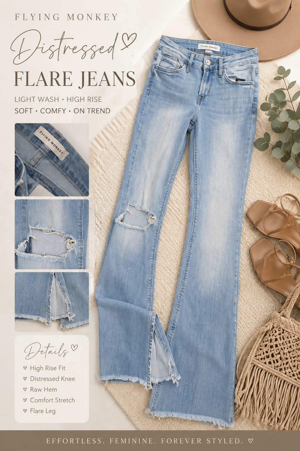 Flying Monkey Distressed Flare Jeans in light wash size 25 with distressed knee and raw hem