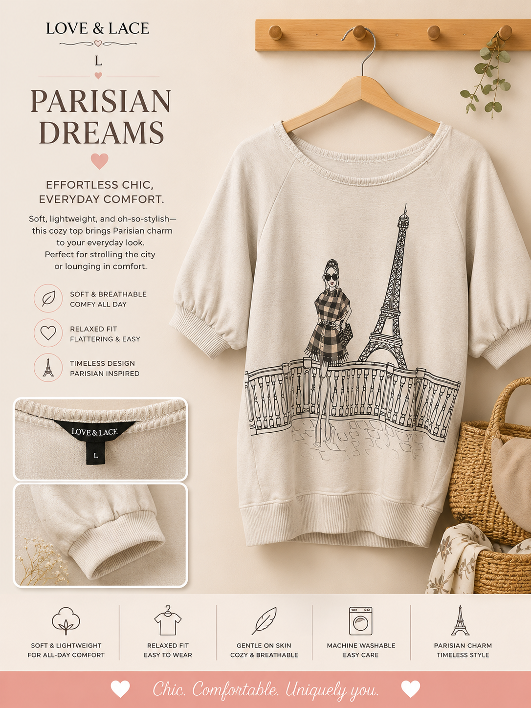 Love and Lace Parisian Dreams Top in cream with Eiffel Tower graphic size L
