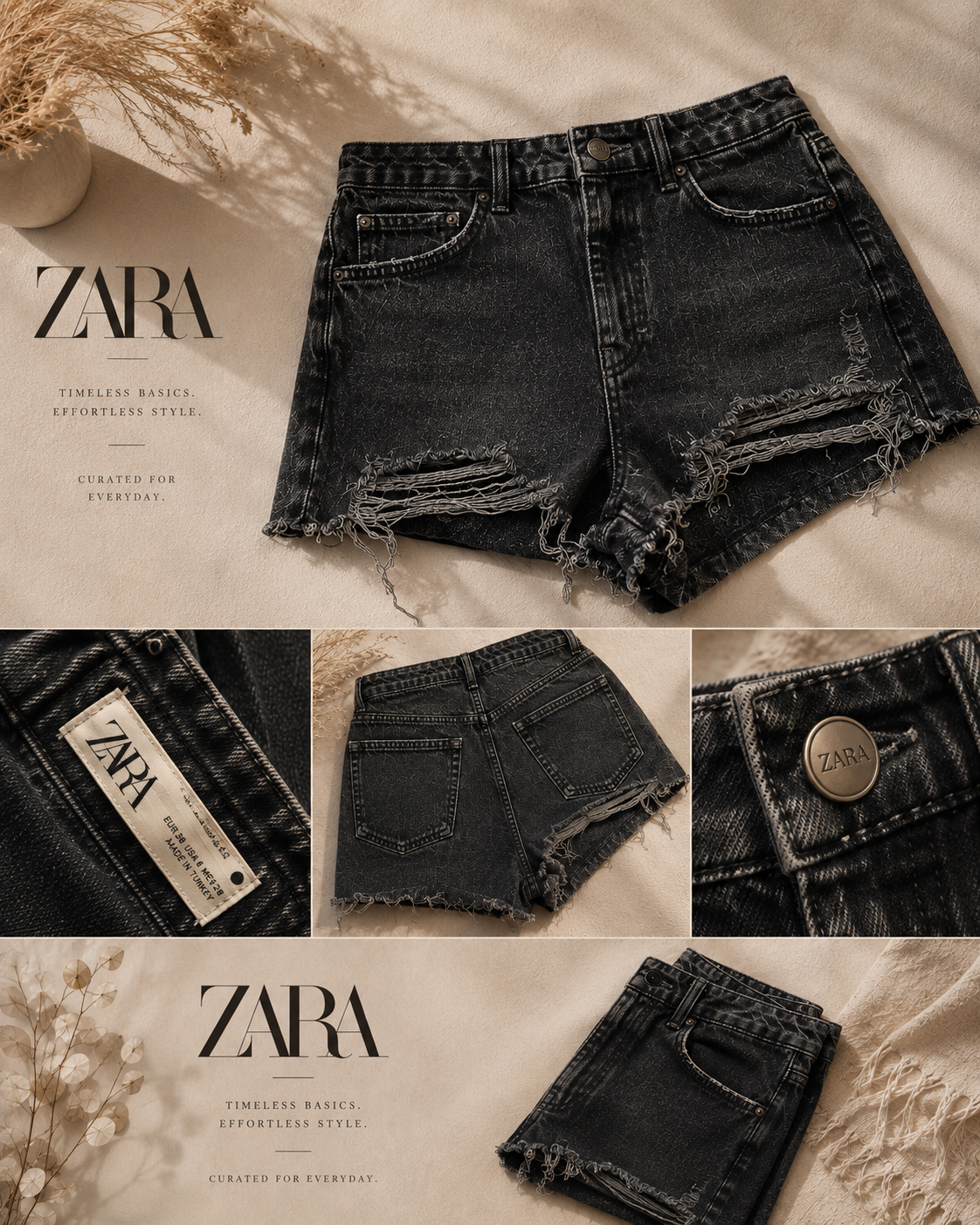 Zara Distressed Denim Shorts in dark wash size 6 with high rise fit and frayed hem