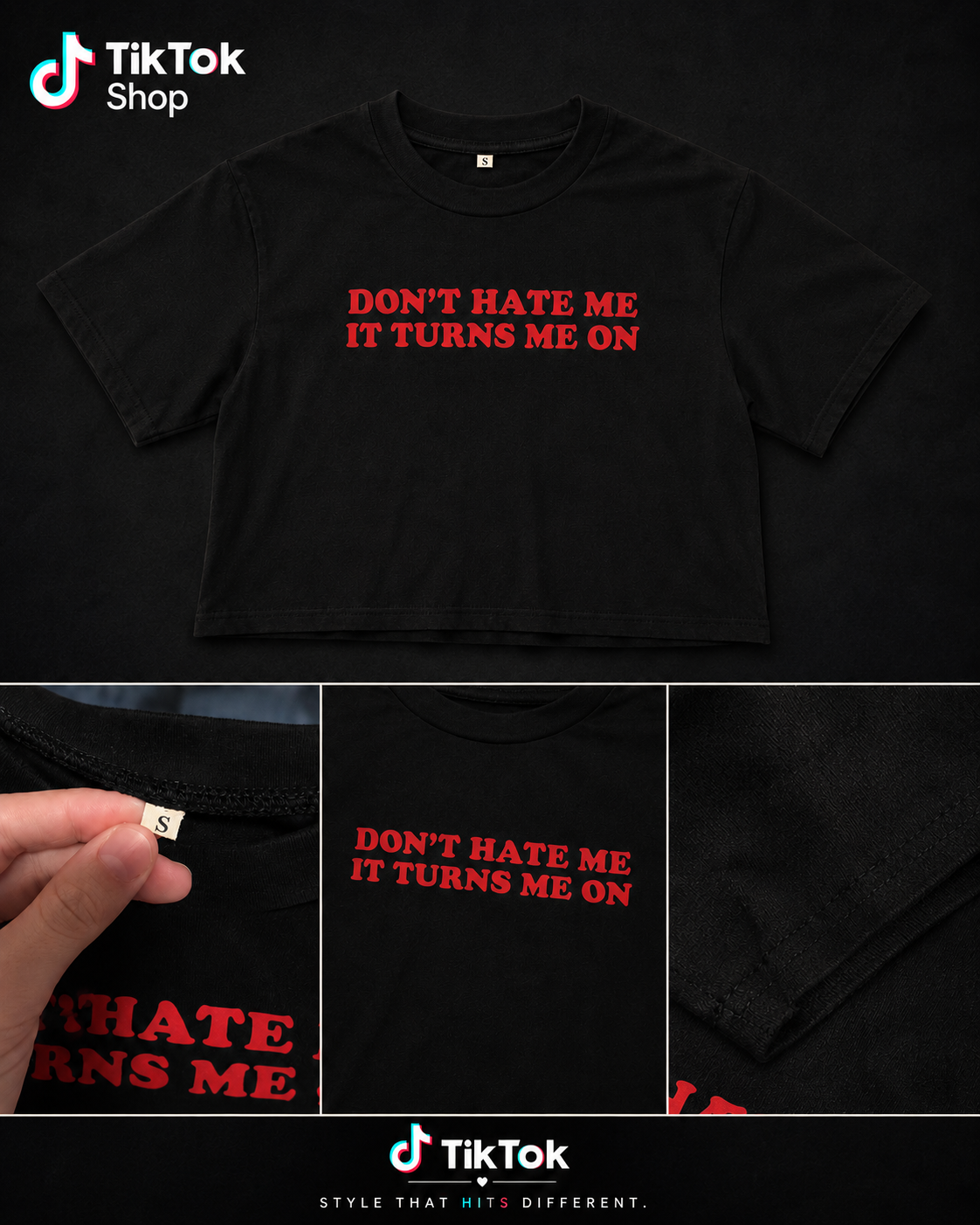 Don't Hate Me It Turns Me On black crop tee with bold red graphic print size S