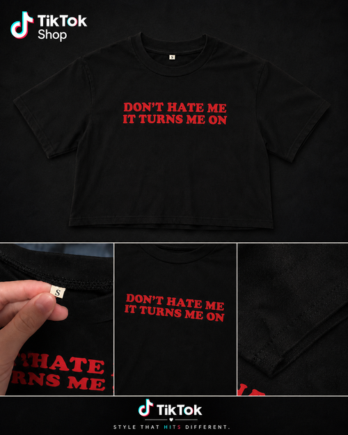 Don't Hate Me It Turns Me On black crop tee with bold red graphic print size S