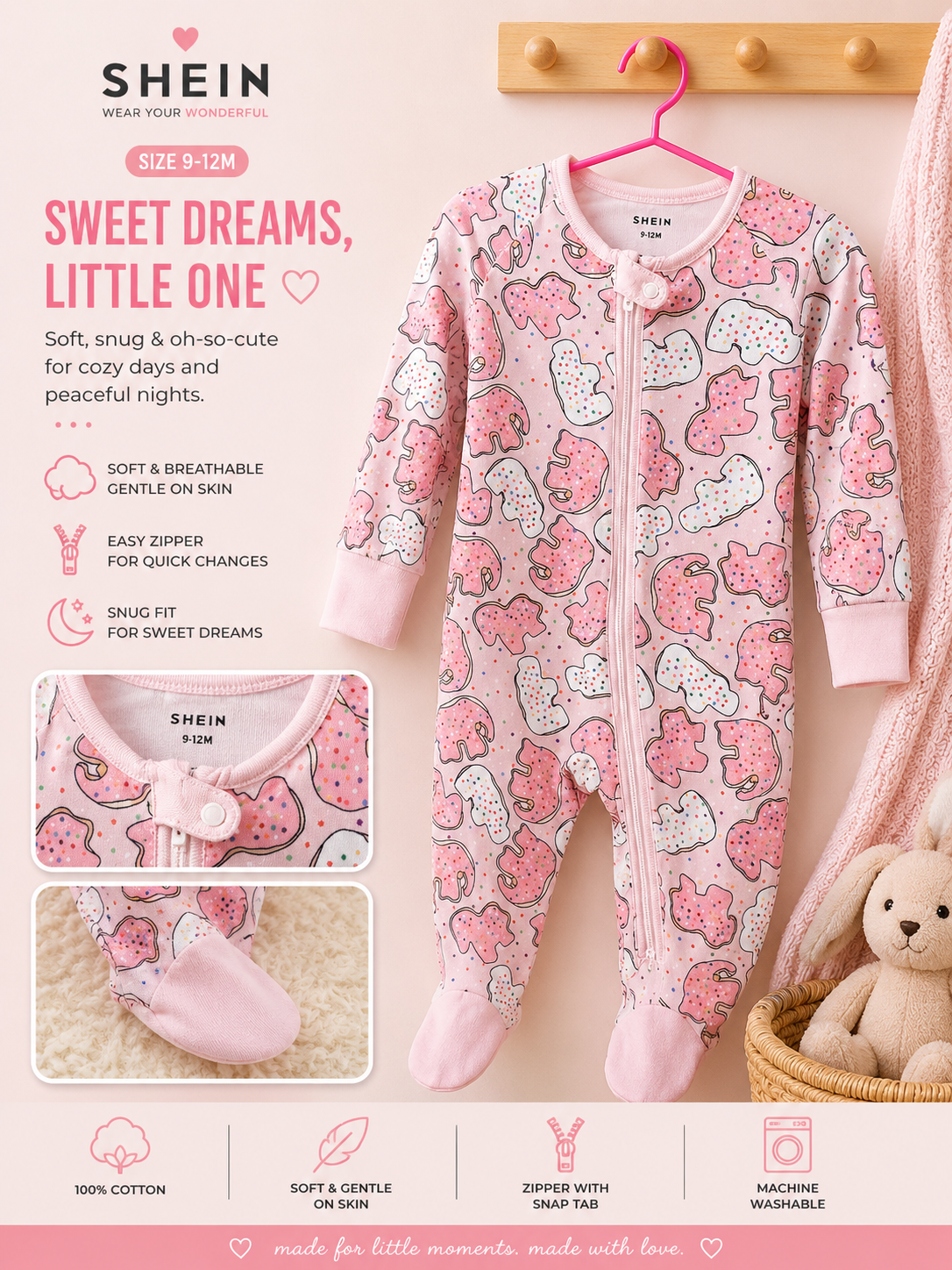 SHEIN Sweet Dreams Footed Sleeper in pink with elephant cloud print size 9-12M