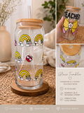 Glass Tumbler Rainbow and Cherry Teacher Bow 16oz with bamboo lid and reusable straw