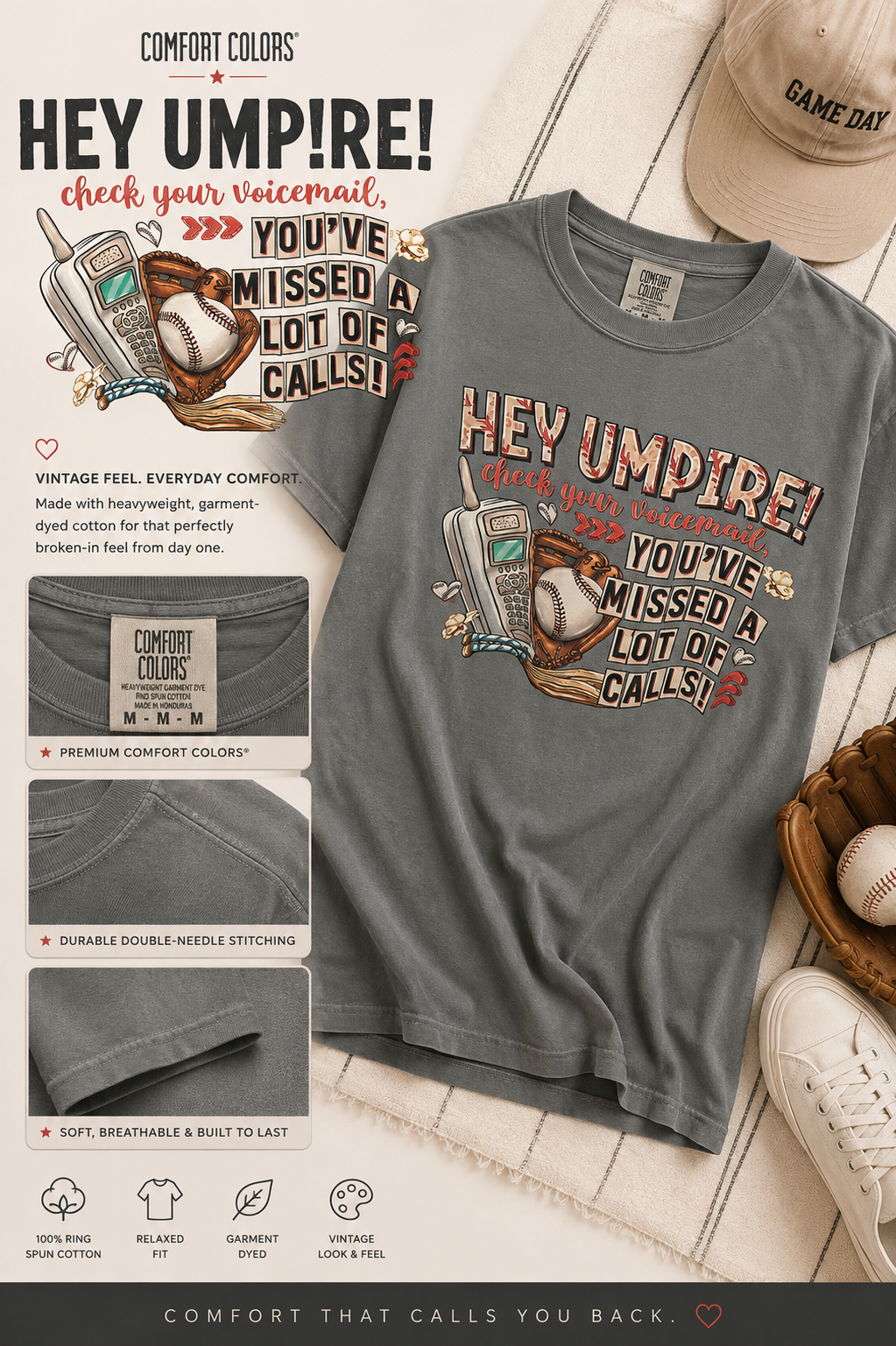 Comfort Colors Hey Umpire Check Your Voicemail graphic tee in slate grey size M