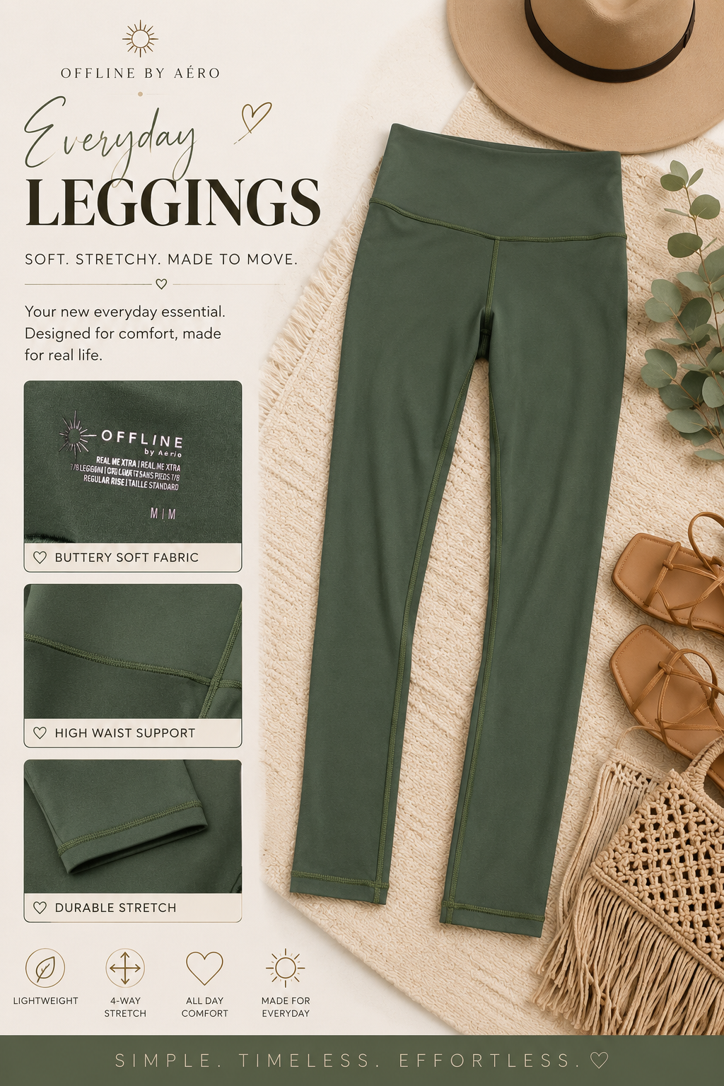 Offline by Aero Everyday Leggings in olive green size M with high waist support and 4-way stretch
