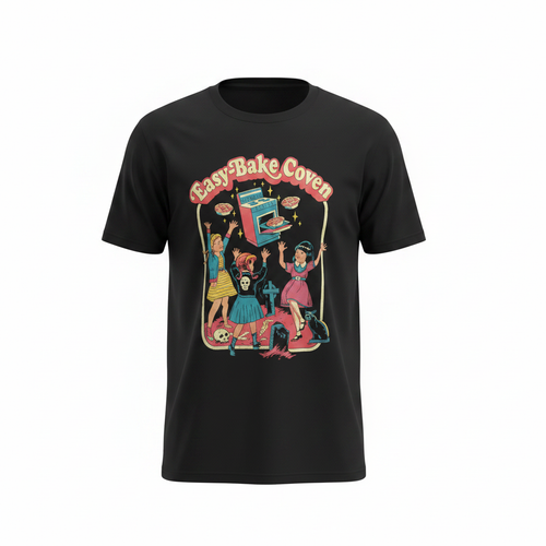 Creepy Co Easy-Bake Coven graphic tee mockup on black shirt size XS